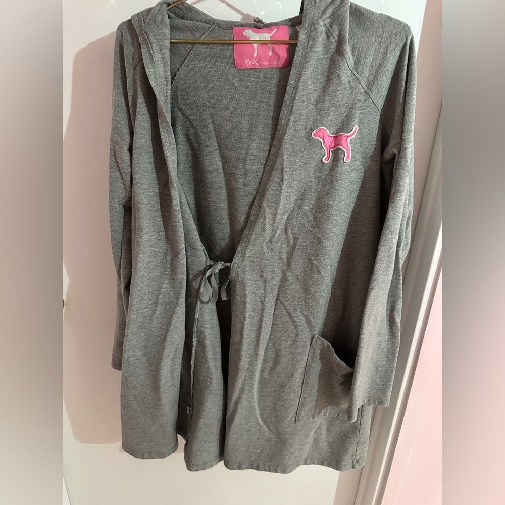 VINTAGE VICTORIAS SECRET PINK 100%COTTON GREY HOODED ROBE - Picture 8 of 16